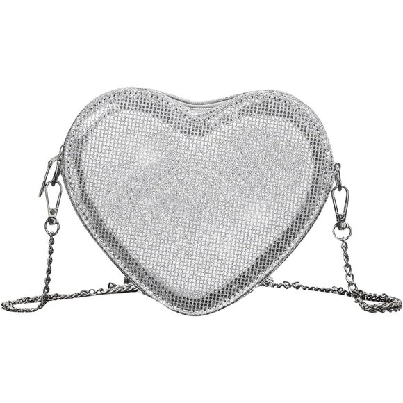 Handbags - Women's Mini Heart Purse Crossbody Bag Zipper Chain Silver Evening Gift